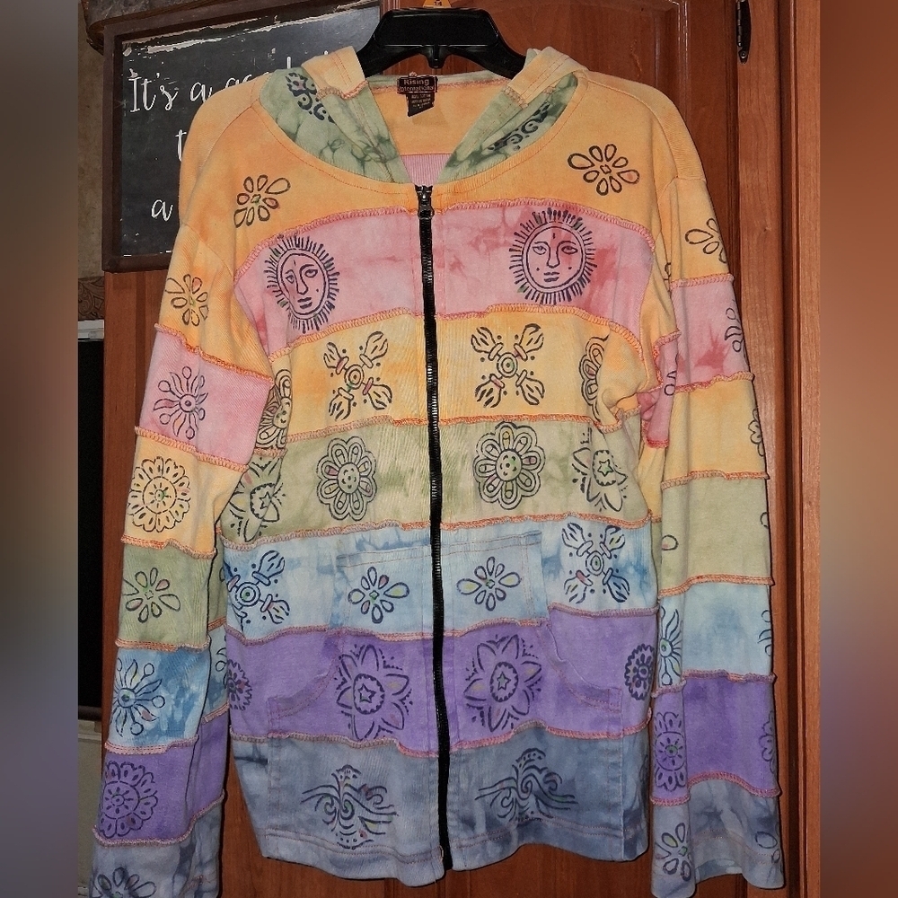 Colorful Rising International Hoodie with Sun and Floral Patterns In A Ladies XL